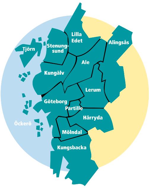 Ale, Alingsås, Göteborg, Härryda, Kungsbacka, Kungälv, Lerum, Lilla Edet, Mölndal, Partille, Stenungsund, Tjörnlänk, Öckerö GR-regionen