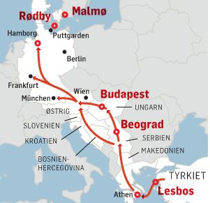Migranternas transportsträcka genom EU till Tyskland och Sverige