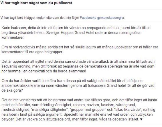 Raderat inlägg av Facebook