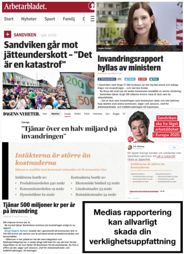 Sandviken/Sandvikenrapporten. 2014: Tjänar 500 miljoner kr/år på invandring. 2019: Sandvikens miljonförlust - fem år efter vinstrapporten. Budgetunderskott på 67 miljoner kronor 2019. Sandviken/Sandvikenrapporten. 2014: Tjänar 500 miljoner kr/år på invandring. 2019: Sandvikens miljonförlust - fem år efter vinstrapporten. Budgetunderskott på 67 miljoner kronor 2019.